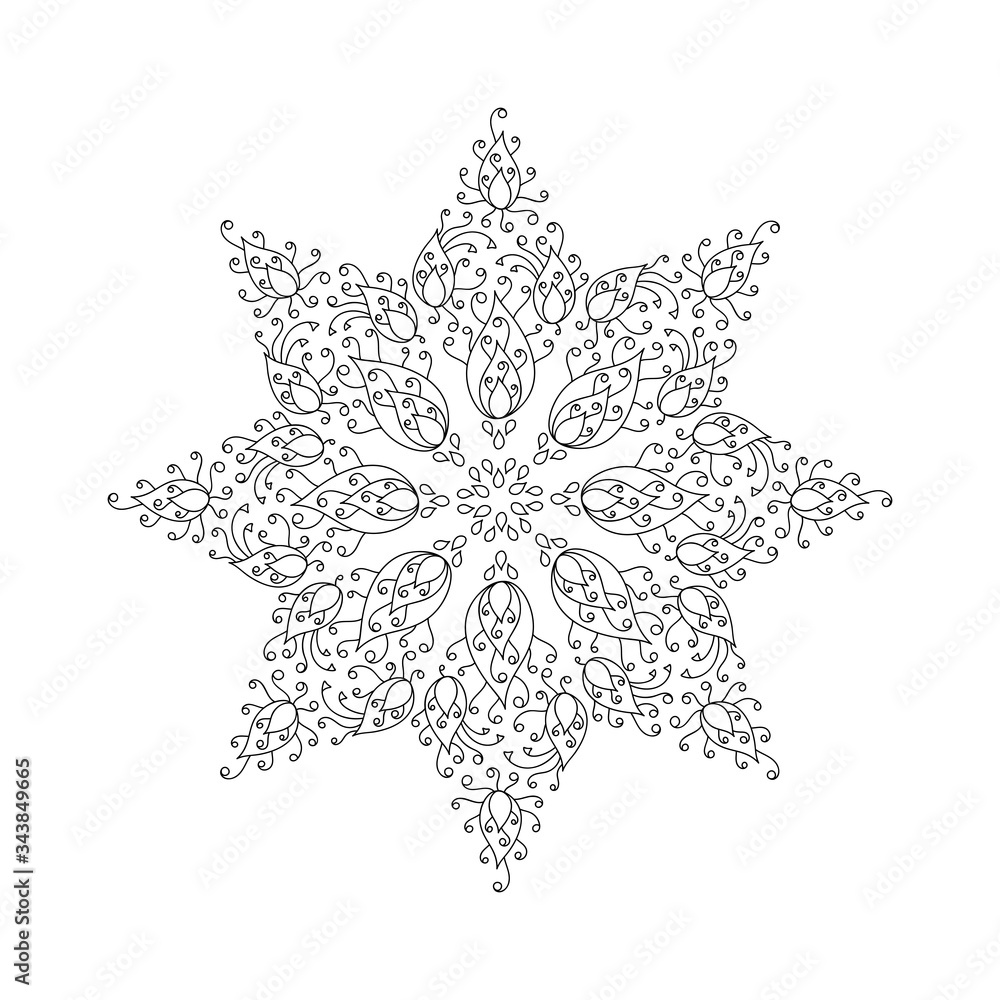 Mandala of 8 petals for coloring books, Anti-stress therapy art. Paisley and plant ornaments. Form with ethnic, folk and tribal elements. Hand-drawn mehndi design