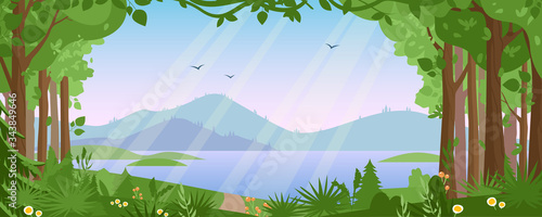 Mountain landscape with summer forest vector illustration. Cartoon flat countryside beautiful nature with green trees, river lake water, silhouettes of mountains. Summertime panoramic view background