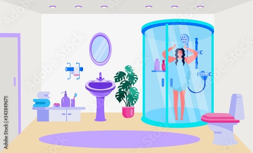 Bathroom interior, fixtures vector illustration. Home design, room with shower, toilet, sink and mirror. Fourniture for towel, sope and personal care products. Woman character in shower cabin.
