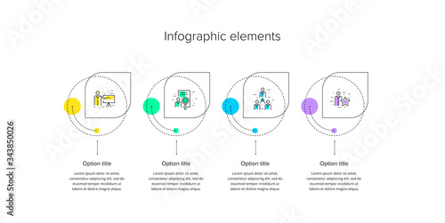 Business process chart infographics with 4 step circles. Circular corporate workflow graphic elements. Company flowchart presentation slide template. Vector info graphic design.