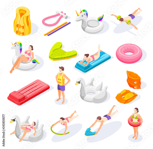 Swimming Equipment Isometric Icons Set