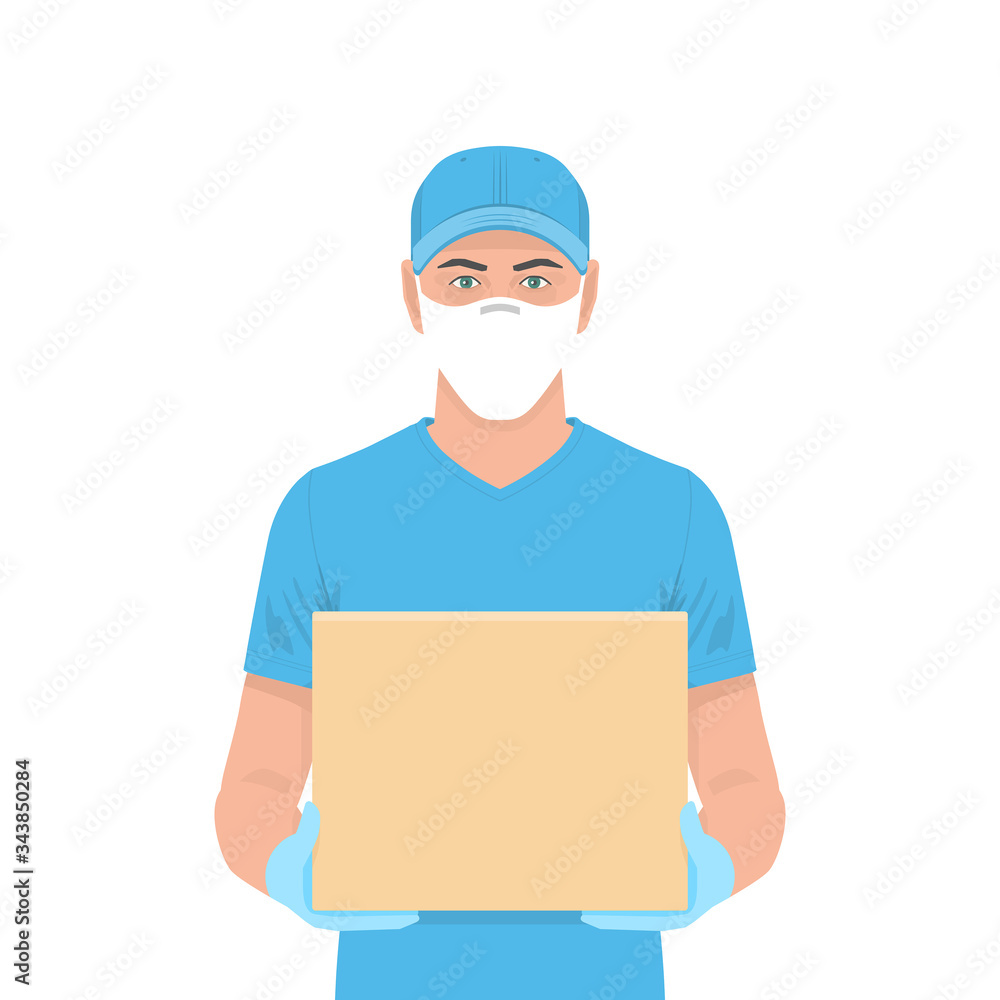 Young Delivery Man in blue uniform holding the box in medical rubber gloves and mask. Delivery service. Flat Style. isolated on white background Young Delivery Man in blue uniform holding the box in medical rubber gloves and mask. Delivery service. Flat Style. isolated on white background