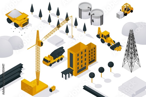 Building construction process, vector illustration isometric. Heavy equipment, crane and machine on construction site. Architecture industrial building, object in work cartoon design.