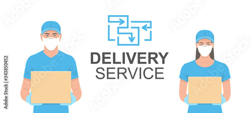 Delivery man and woman in blue uniform holding the box in medical rubber gloves and mask. Delivery service. Flat Style. isolated on white background