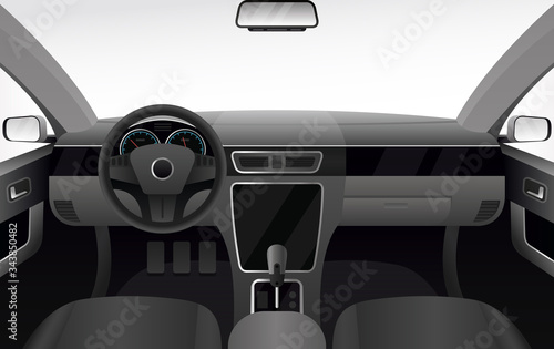 Car dashboard, auto salon interior vector illustration. Cartoon flat automobile cabin with windshield, armchair seats, speedometer dash control panel and steering wheel. Inside car dark background