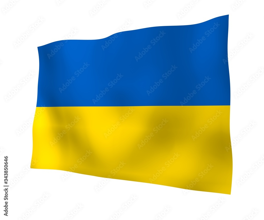 The flag of Ukraine on a white background. National flag and state ensign. Blue and yellow bicolour. 3D illustration waving flag The flag of Ukraine on a white background. National flag and state ensign. Blue and yellow bicolour. 3D illustration waving flag