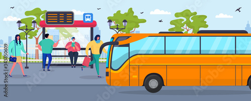 Bus stop, waiting people passenger vector illustration. City transportation, public transport standing on road near station. Sign with schedule on public building. Character on sidewalk.