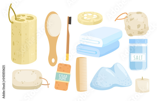 Eco bath accessories vector illustration set. Cartoon flat zero waste bathroom collection with wooden comb or toothbrush, loofah sponge, natural sea salt, soap accessory icons isolated on white