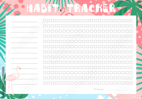 Habit tracker vector illustration. Cartoon flat monthly planner journal blank for tracking habitual activity, list for daily goal achievements in tropical floral design with green leaves and flamingos