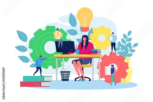 Creative teamwork for main business idea, vector illustration. People help generate project concept idea. Woman working on brainchild development at desk with computer. Assistance in company.