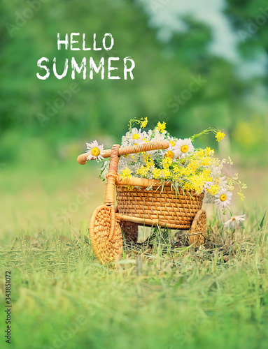 Hello Summer. bouquet of meadow flowers in retro wicker rattan Bicycle. rustic garden landscape
