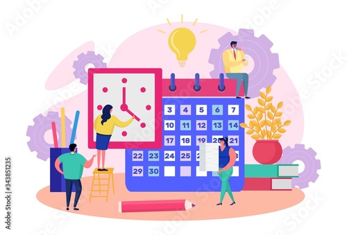 Business team people planning work, vector illustration. Character man woman use reminder, calendar and schedule for time organization, events. Cartoon time management, planning implementation idea.