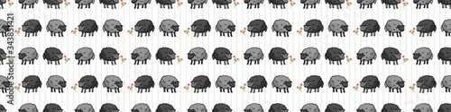 Cute gray and black sheep in field cartoon seamless vector border. Hand drawn agriculture livestock. Farm animal with flower all over print on check background. Wooly ewe backdrop. 