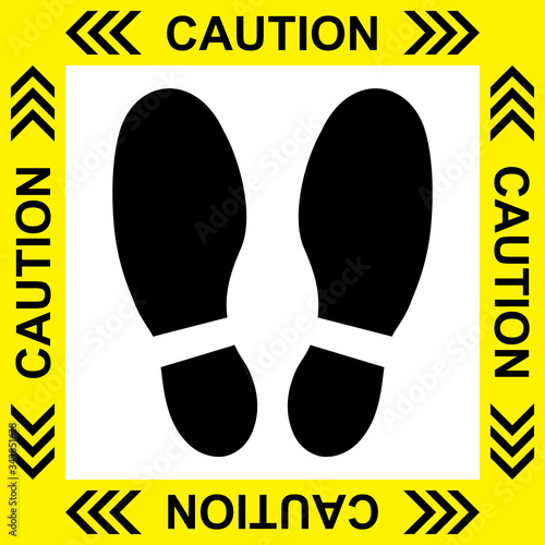 Vector of Yellow CAUTION Practice Social Distancing sign and symbols for People stand in designated areas in an elevator as a social distancing - Social Distancing sign concept. 