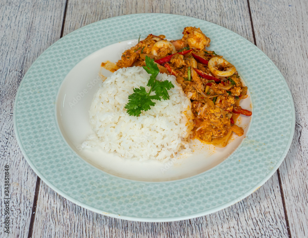 Thai Food Spicy  Squid on Rice 