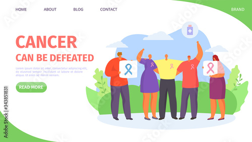 Cancer can de defeated landing vector illustration. Group people, man woman, holding symbol fight against cancer. Sick characters with awareness illness at demonstration, emblem on clothes.