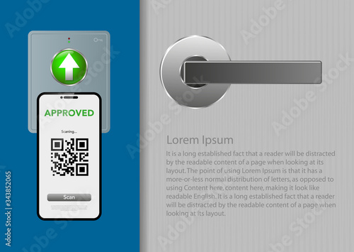 smartphone with qr code approved and an electronic reader at the entrance to the building, office, home. security and privacy technology concept. Track employee hours and door access. Vector illustrat