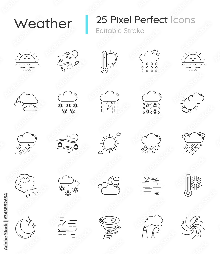Weather pixel perfect linear icons set Weather pixel perfect linear icons set