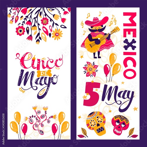 Cinco de Mayo, mexico celebration flyer vector illustration. Colorful poster traditional holiday, latin festival. Mexican symbols, fiesta invintation with flower and ballons decoration.