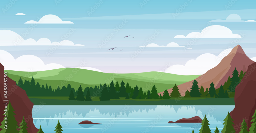 Mountain lake landscape vector illustration. Cartoon flat summer nature ...