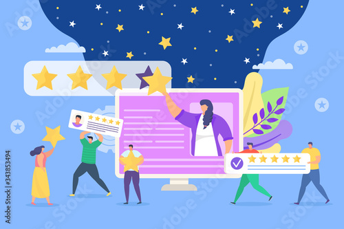 Customer review company service, vector illustration. Client, man and woman feedback, evaluate online application on computer. Rank and rating scale star electronical device screen, cartoon.