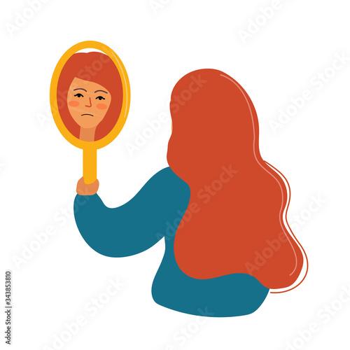 A girl with a sad face looks in the mirror. Bad mood, disappointment, depression. Vector illustration