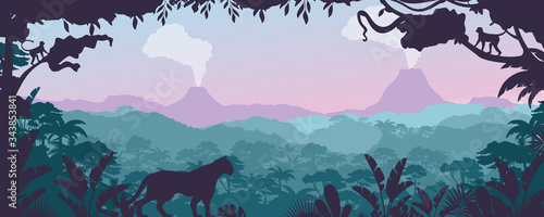 Tropical jungle, forest landscape vector illustration. Cartoon flat nature of tropics, panorama with jaguar, monkey animal in rainforest, silhouette of volcano mountains. Tropical adventure background