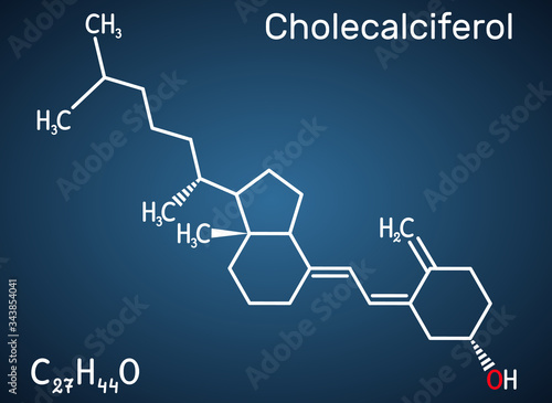 Cholecalciferol, colecalciferol, vitamin D3, C27H44O molecule. Structural chemical formula on the dark blue background