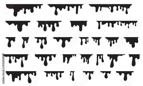 Dripping symbols set. Liquid ink, paint drip and drop. Oil, blood, water etc