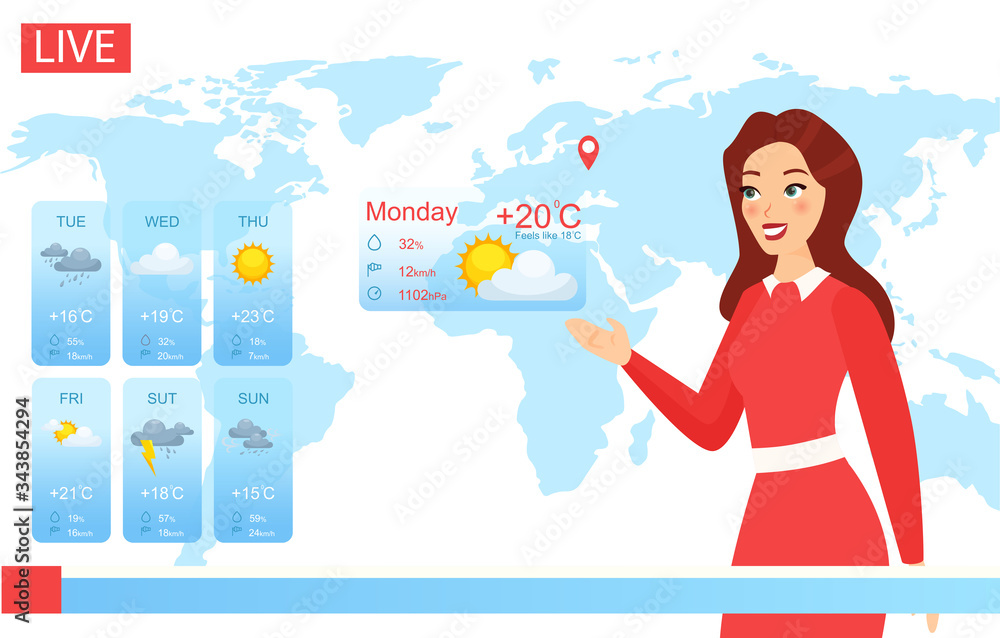 Tv Weather Forecast Report Vector Illustration Cartoon Flat Attractive Weatherwoman Character Reporting On Climate Change In News Newscaster Meteorologist Showing Weather Screen Chart Background Stock Vector Adobe Stock