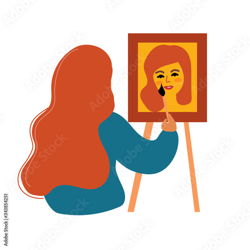 Girl artist draws a self portrait. Woman learning drawing at home, hobbies concept. Vector illustration