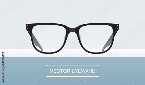 Classic shape black eyeglasses, lying on a shelf. Elegant eyewear isolated on a gray background. Vector illustration.