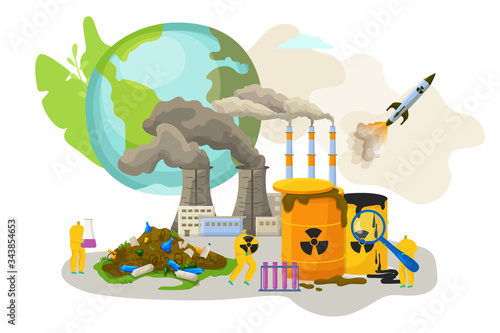 Environment big city pollution, vector illustration. Eco poster, planet garbage and ecological disaster concept. Factory air emission, radioactive substance, rocket toxic component.