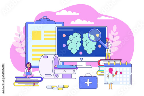 Professional examination brain conept, vector illustration. Medical treatment, brain tumor with MRI. Doctor research patient organ at computer screen, making medical procedures schedule.