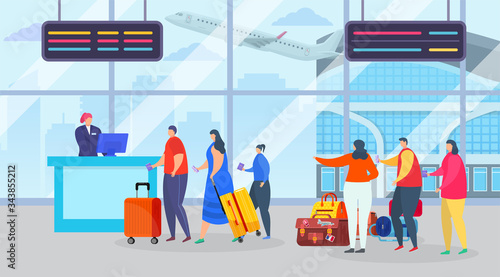 Flight registration, queue at airport vector illustration. Character with suitcases in long line for journey. Passenger people waiting for check in registration, boarding on airplane.