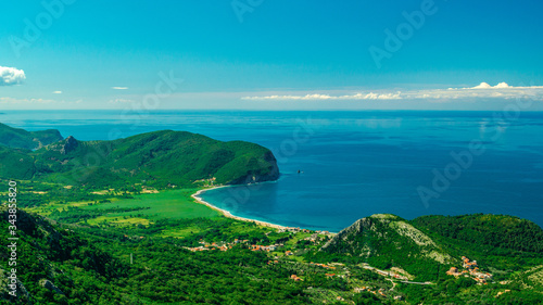 montenegro landscape cityscape petrovac. Aerial panoramic view at famous european travel destination, Budva cityscape on Adriatic Coast
