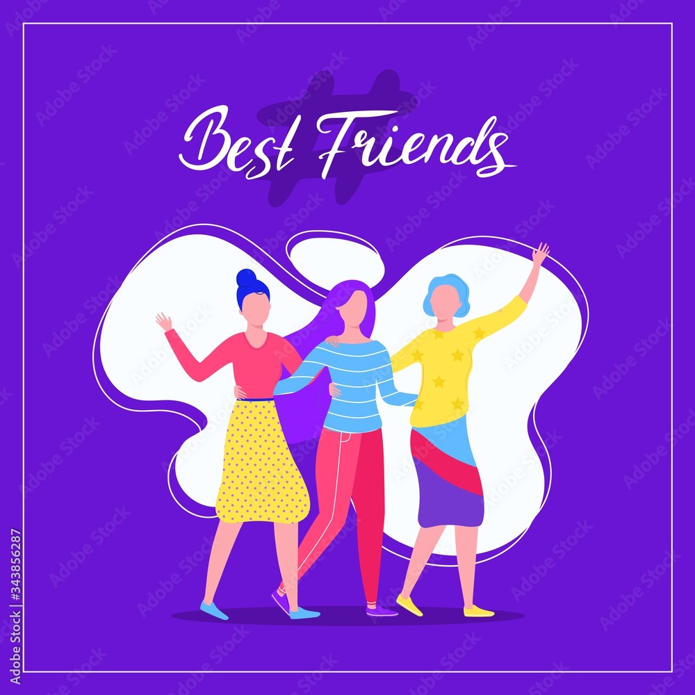 Happy girls best friends company, vector illustration. Pretty female character have fun together, frieindship template poster. Cartoon woman in bright clothes hugging, walking around flyer. Happy girls best friends company, vector illustration. Pretty female character have fun together, frieindship template poster. Cartoon woman in bright clothes hugging, walking around flyer.