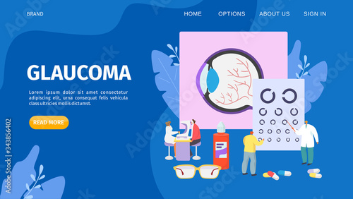 Glaucoma treatment landing, vector illustration. Medical professional ophthalmologist eyesight check up. Clinic website page, health care by special glasses, pharmaceutical drops and pills.