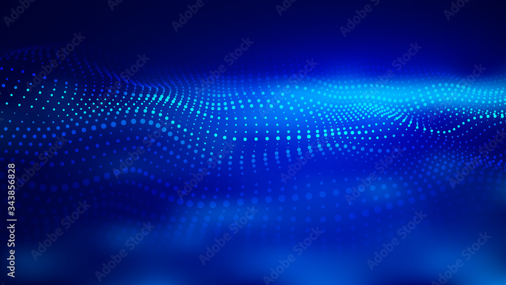 Futuristic blue vector illustration. Wave of particles. Abstract background with a dynamic wave. Artificial intelligence. Big data.
