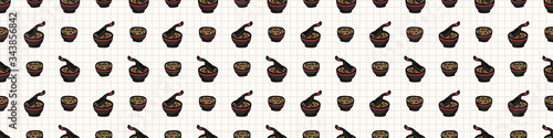 Kawaii miso soup Japanese meal seamless vector border. Hand drawn oriental ramen with nori and tofu. Seaweed soup all over print on stripe background. Asian recipe. 