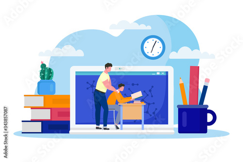 Home education online, vector illustration. Boy sit at desk, learn on internet using computer, books. Study lessons by laptop. Schoolboy and father character making schoolwork together.