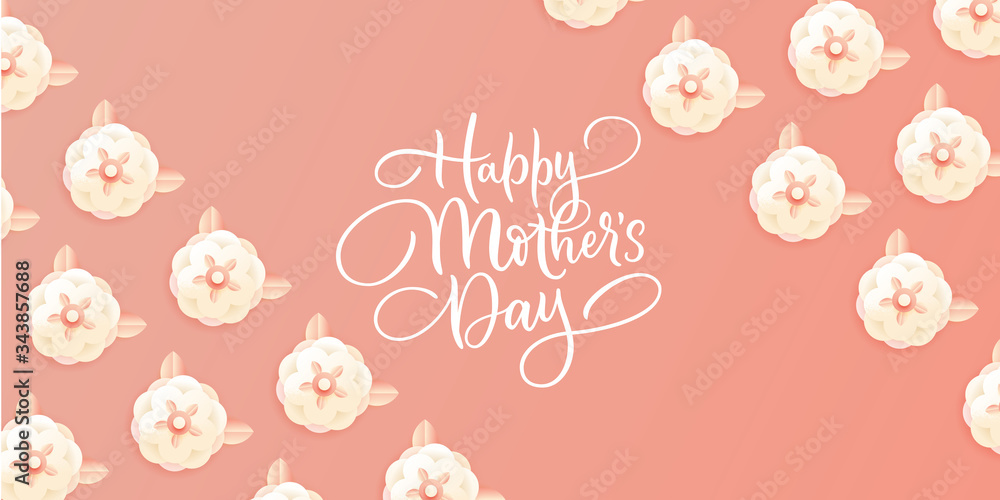 Happy Mothers Day greeting card. White paper craft flowers and hand drawn calligraphy lettering. Vector illustration