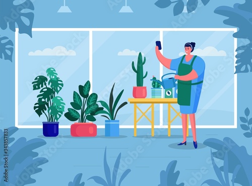 Woman make gouse gardering, vector illustration. Green flowers adorn interior...