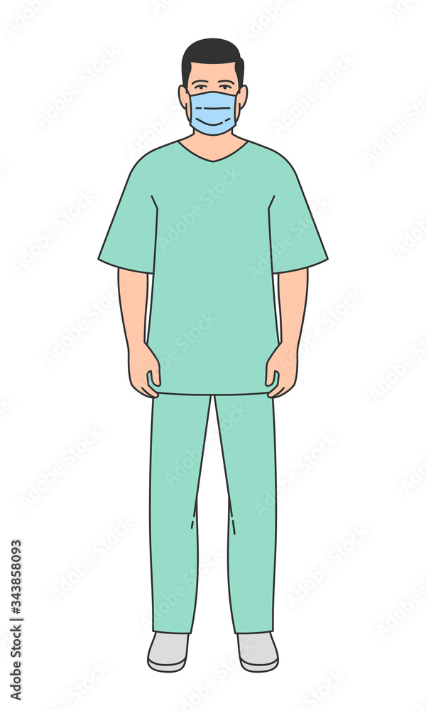 Doctor or male nurse wearing medical face mask. Man in medical uniform. Vector illustration. Doctor or male nurse wearing medical face mask. Man in medical uniform. Vector illustration.