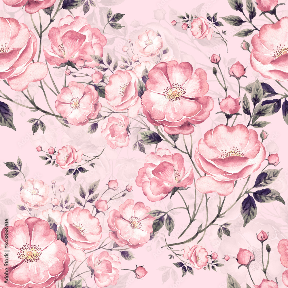 Fototapeta  Seamless pattern of wild rose. Stylish print for textile design and decoration.