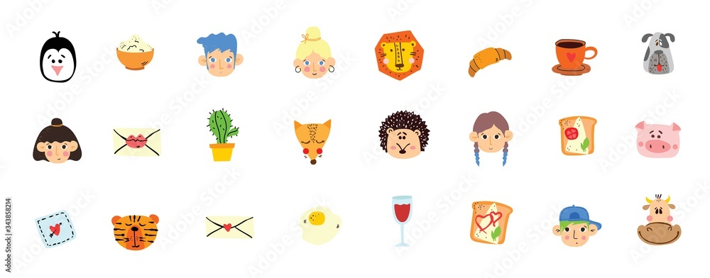 Vector doodle cute animal, people's faces, tasty food in simple design for kid's greeting card design, t-shirt print, inspiration poster. Vector doodle cute animal, people's faces, tasty food in simple design for kid's greeting card design, t-shirt print, inspiration poster.