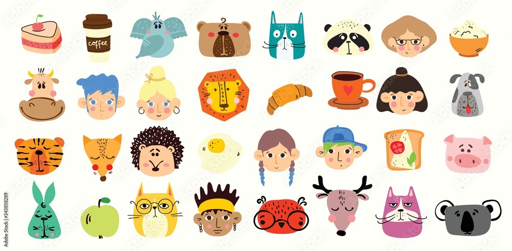 Vector doodle cute animal, people's faces, tasty food in simple design for kid's greeting card design, t-shirt print, inspiration poster. Vector doodle cute animal, people's faces, tasty food in simple design for kid's greeting card design, t-shirt print, inspiration poster.