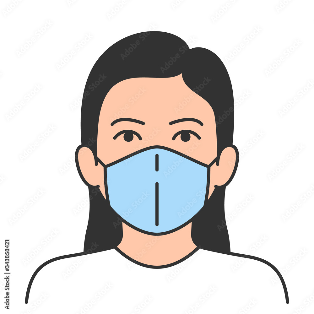 Girl wearing hygienic mask to prevent infection. Protection from virus, urban air pollution, smog. Vector illustration.