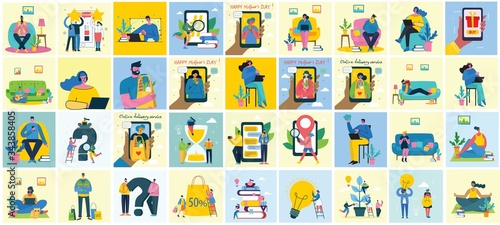 Vector illustration of Connection, Team leader, Online review, Time mamagement, Coworking space, Save the planet, Start up, Team work backgrounds