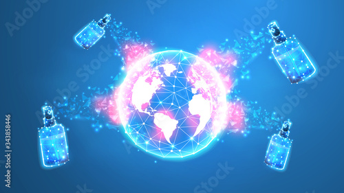 Abstract planet Earth with sanitazer sattelites. Coronavirus vaccine. World Covid pandemic prevention. Low poly, wireframe 3d vector illustration. Abstract polygonal img on blue neon background